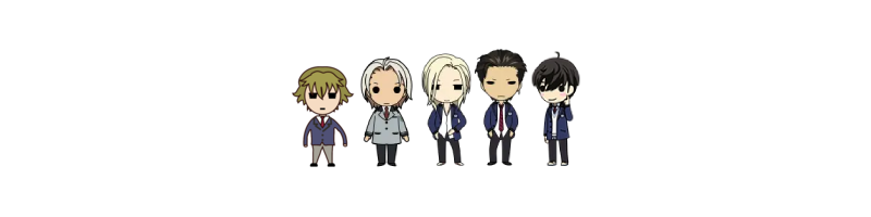 All of the 'princes' of the Tokimeki Memorial Girl's Side series: Kei Hazuki, Teru Saeki, Ruka Kouichi, Sakurai Kouichi, and Ryota Kazama in their respective chibi artstyles standing stil.